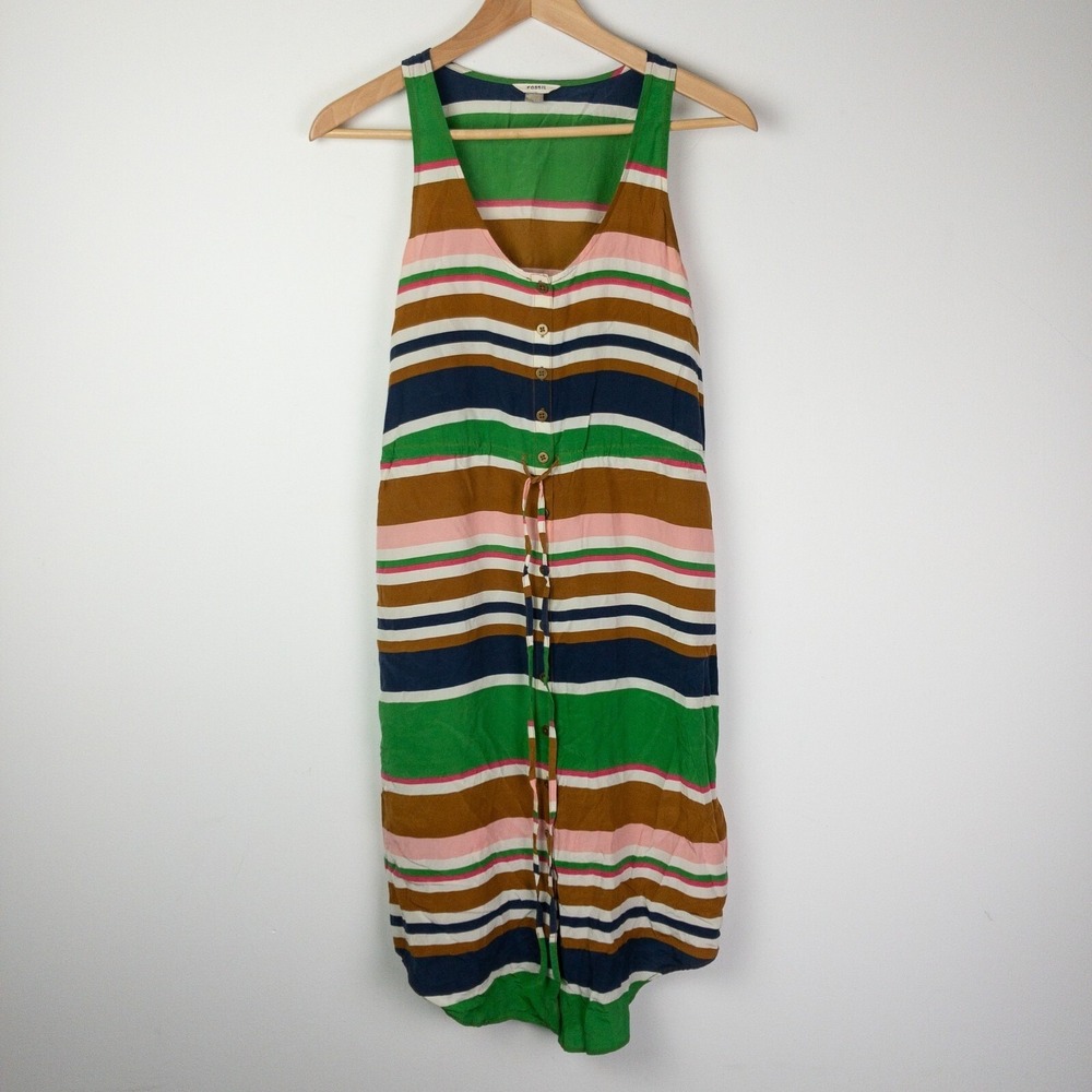 Fossil Striped Silk Dress Womens XS Green Multi Button Front Colorful Retro